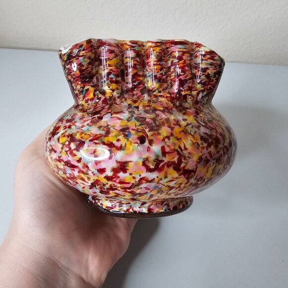 Victorian Franz Welz Spatter Glass Squat Short Crimped Bowl Vase Murrhina 4" - Picture 7 of 10